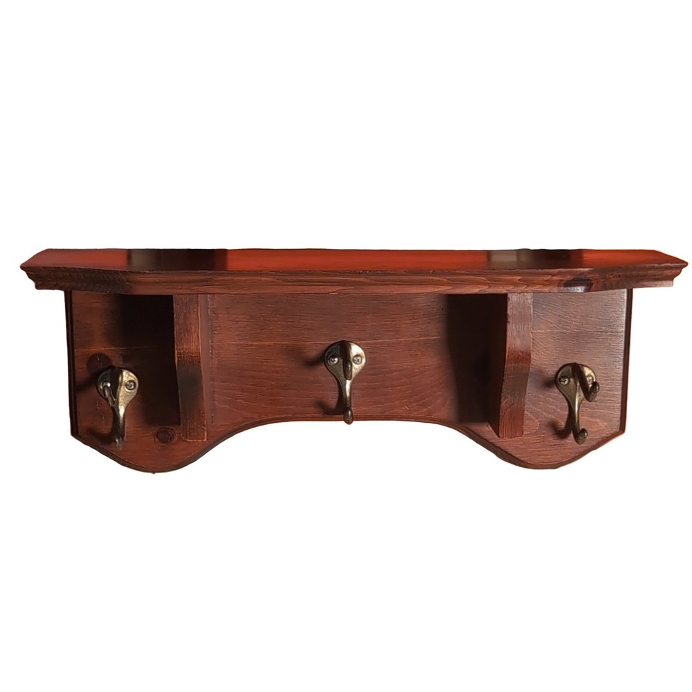 Vintage Wooden Wall Shelf with 3 Hooks Brown Wood Sawtooth Hangers‎